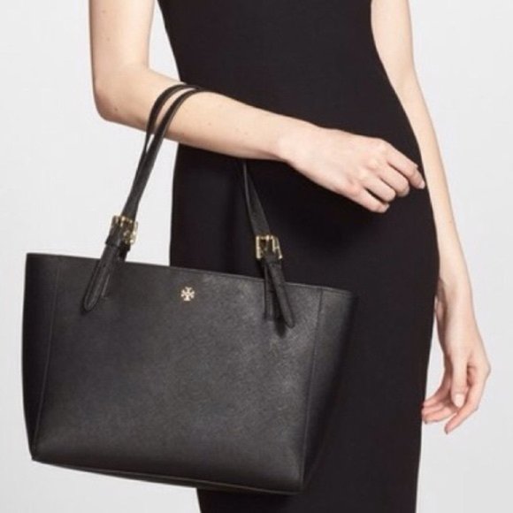 Tory Burch Handbags - Tory Burch Saffiano leather York Buckle Tote Black Gold Shoulder Tote Work Bag